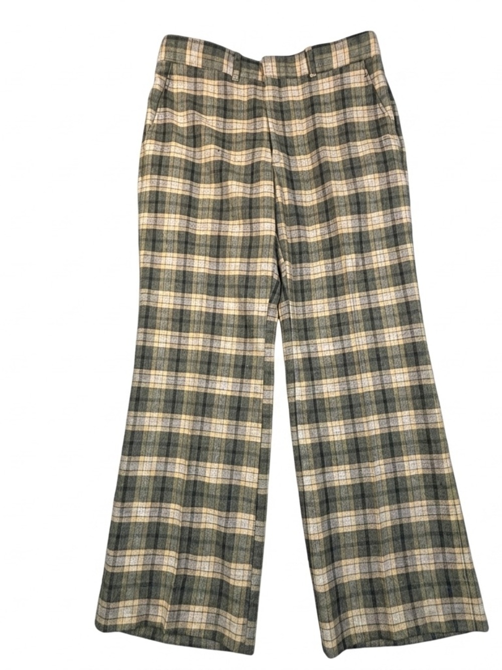 Vintage 70s Plaid Wool Trousers Mens 33x30 Green Tan Bell Bottom Flared Pants